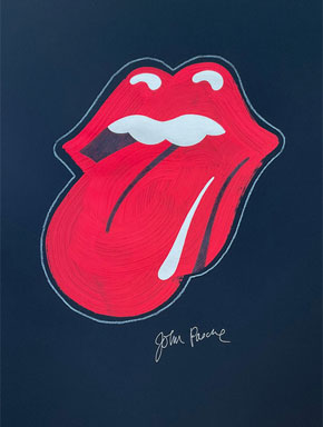 Hand painted Rolling Stones Tongue logo sketch on black background