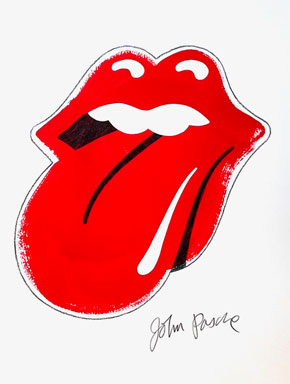 Sketch of Rolling Stones Tongue logo with white background, being signed by the artist